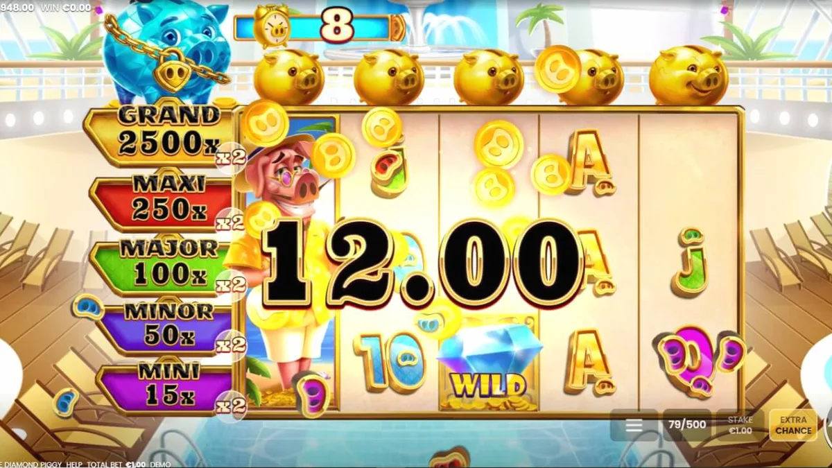 Tampilan visual slot Break the Diamond Piggy dengan tema kapal pesiar mewah dan celengan babi berlian.
