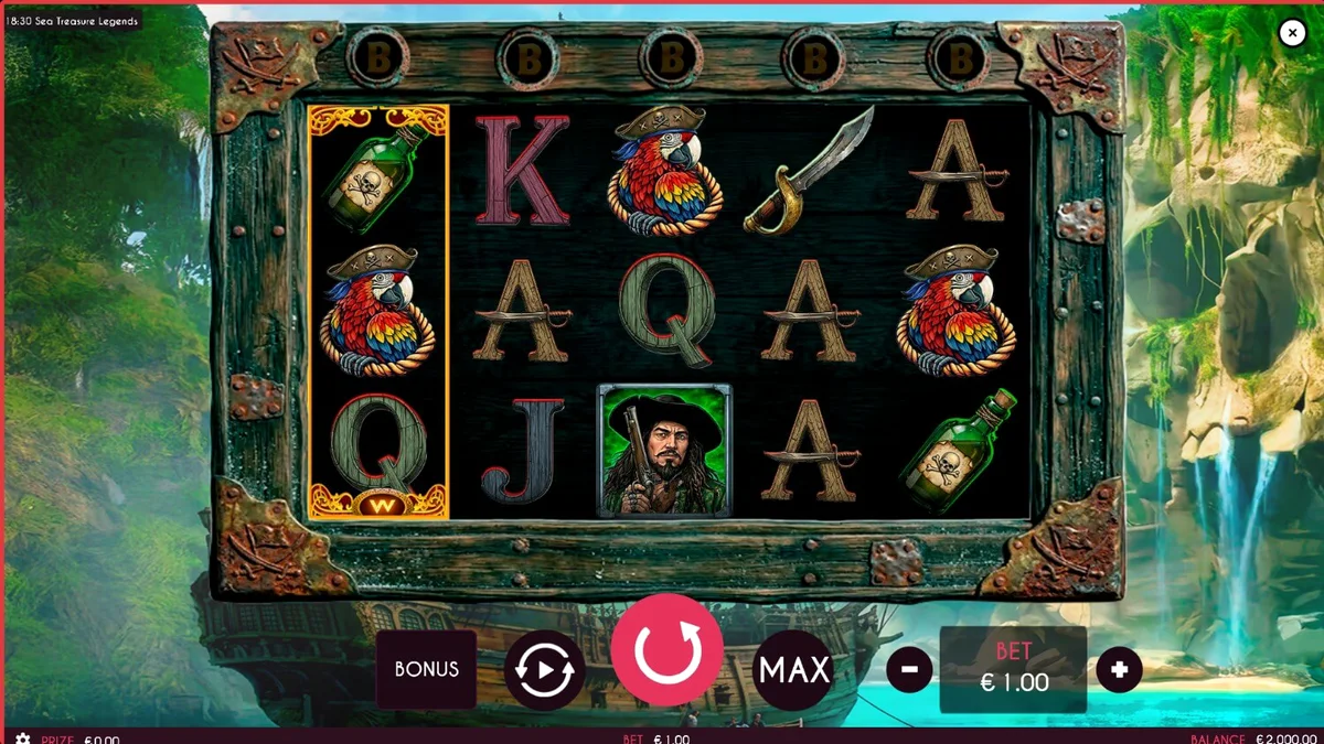 Tampilan visual slot bertema bajak laut Sea Treasures Legend dengan simbol kapal dan harta karun.