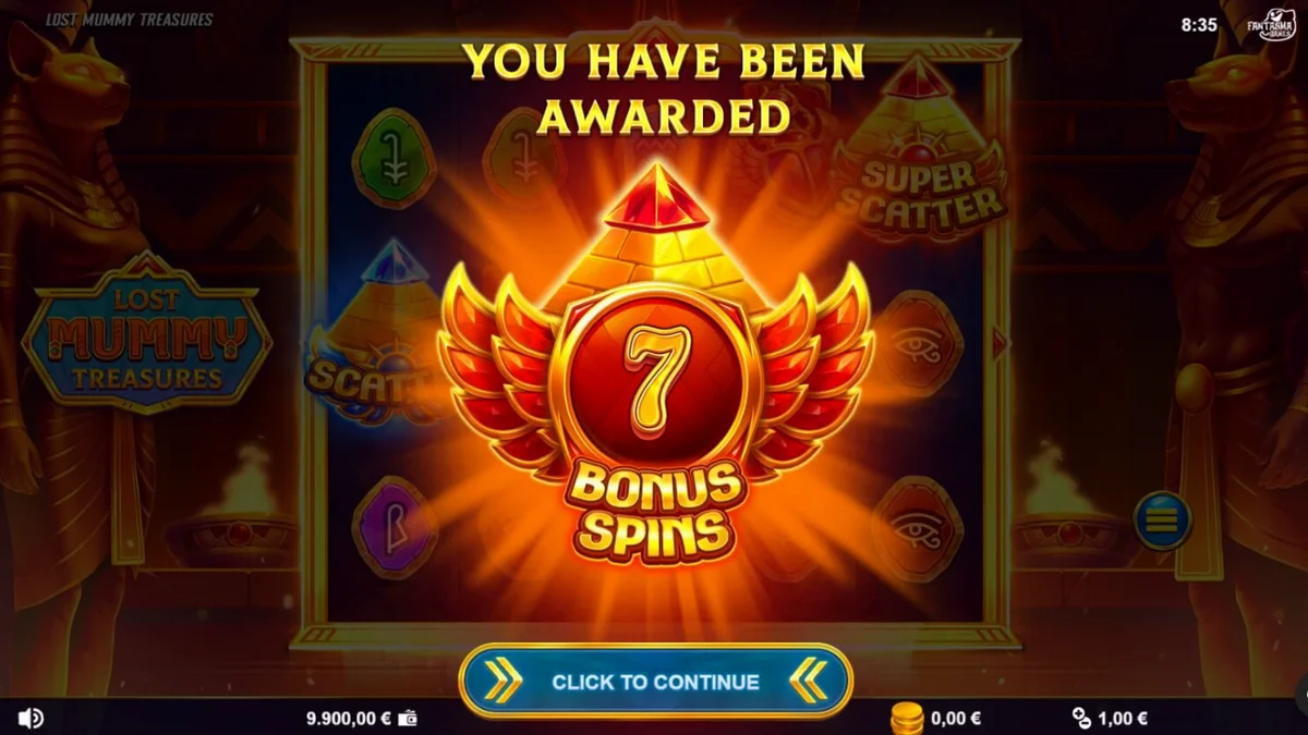 Tampilan layar permainan slot Lost Mummy Treasures di perangkat seluler dengan simbol dewa Mesir yang bersinar.